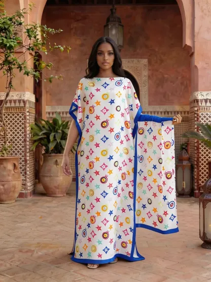 Women's Elegant Geometric Print Robe Set, Fitted Long Dress + Headscarf Scarf Hairband, Beachwear Beach Sun Protection Satin Silk Shawl