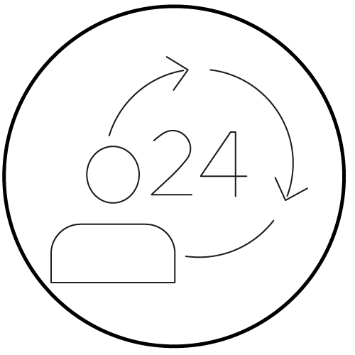 Icon of a person with a symbol to represent 24 hours on a white background.