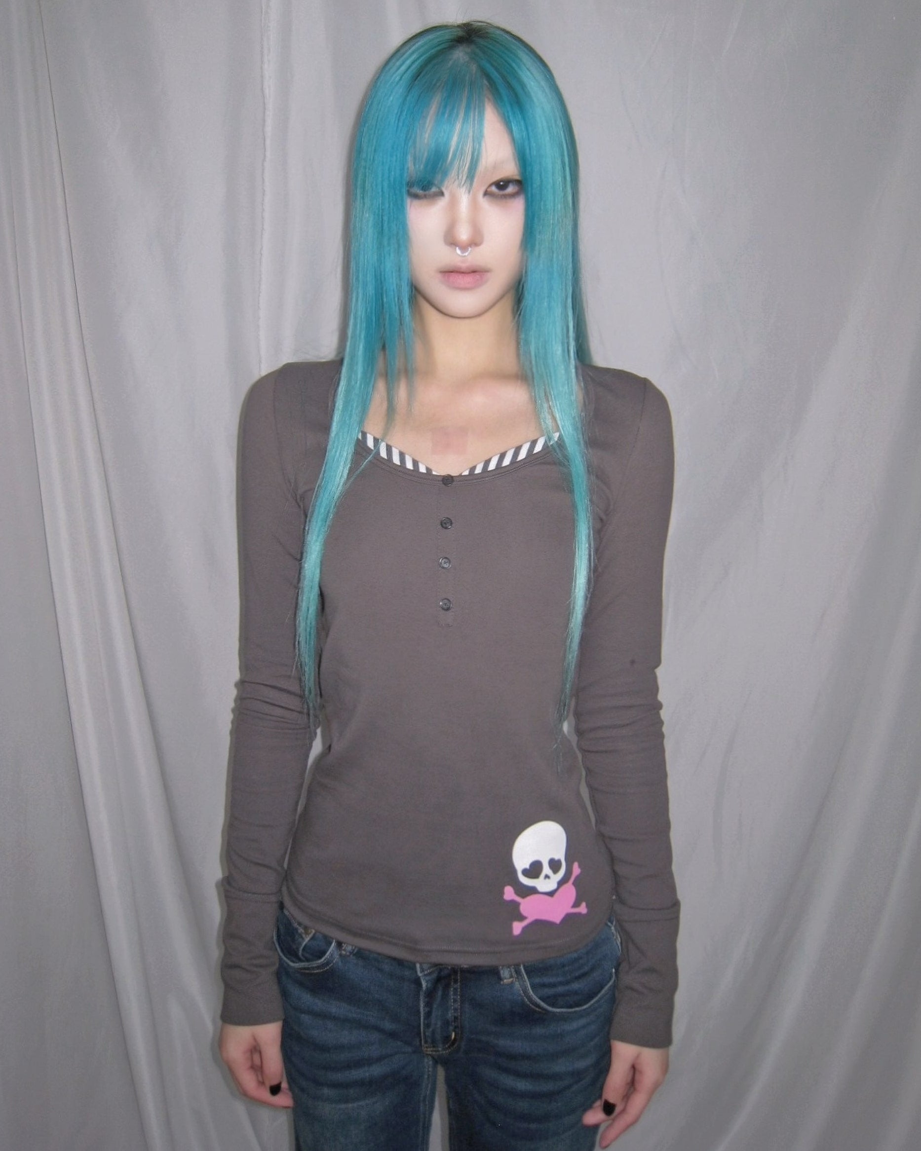 Y2K Skull Print Fake Two-Piece Slim Fit Long Sleeve Henley Top