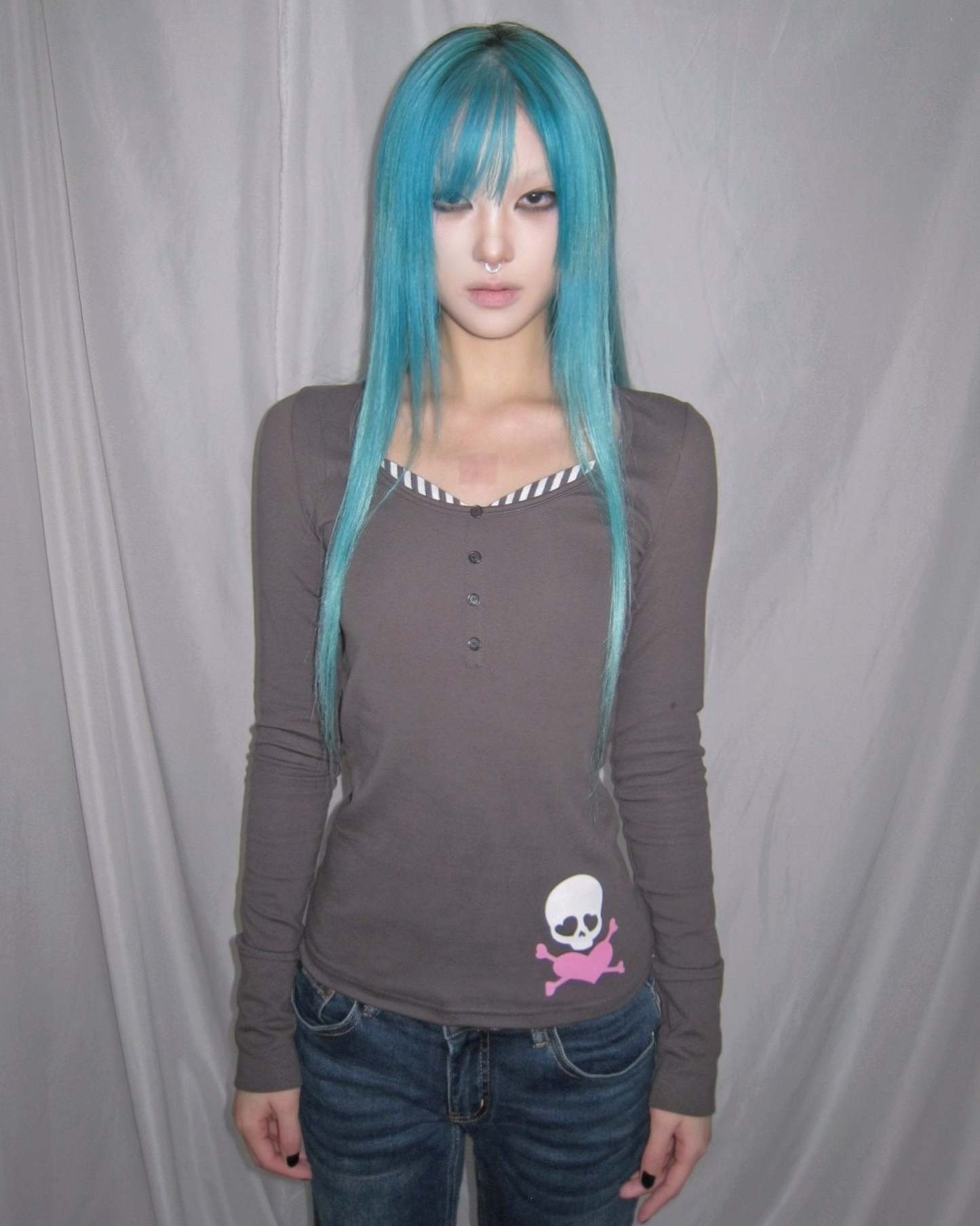 Y2K Skull Print Fake Two-Piece Slim Fit Long Sleeve Henley Top