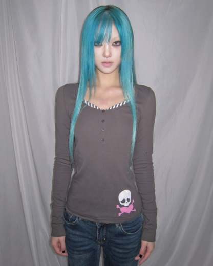 Y2K Skull Print Fake Two-Piece Slim Fit Long Sleeve Henley Top