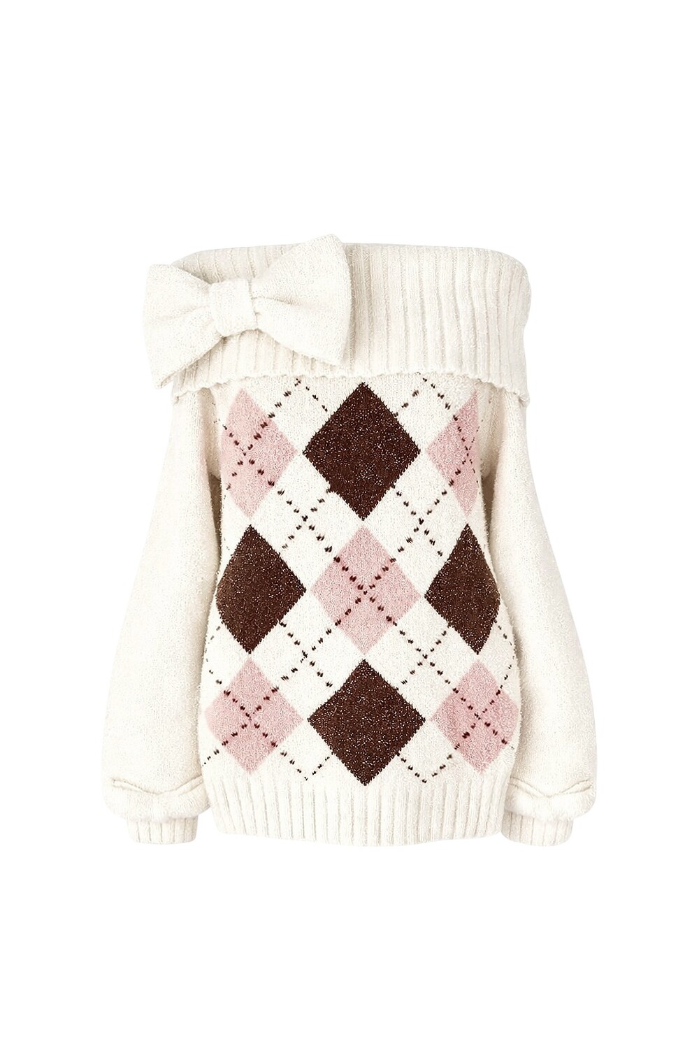 Ivory Argyle Off-Shoulder Knit