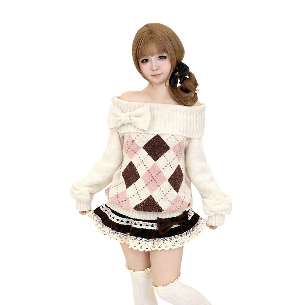 Ivory Argyle Off-Shoulder Knit