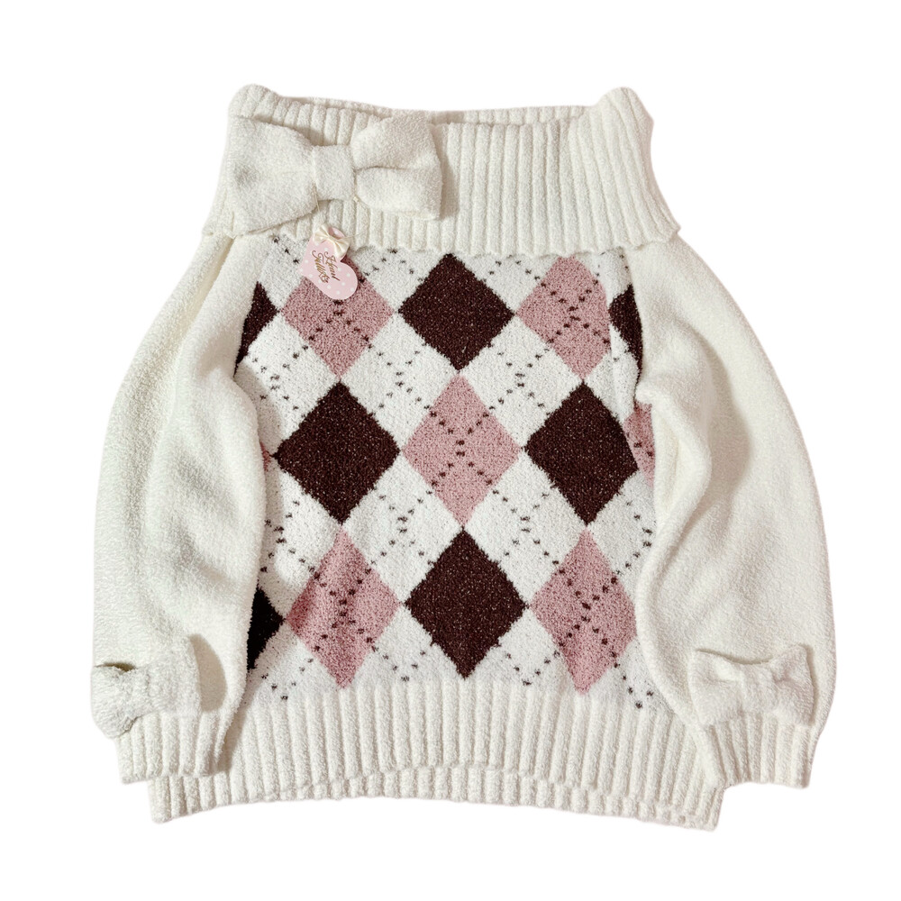 Ivory Argyle Off-Shoulder Knit