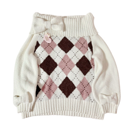Ivory Argyle Off-Shoulder Knit