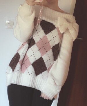 Ivory Argyle Off-Shoulder Knit