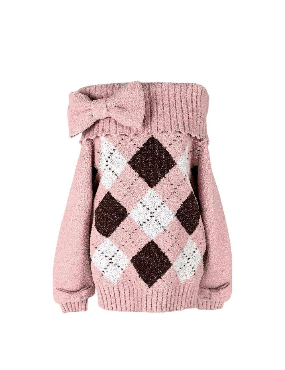 Pink Argyle Off-Shoulder Knit