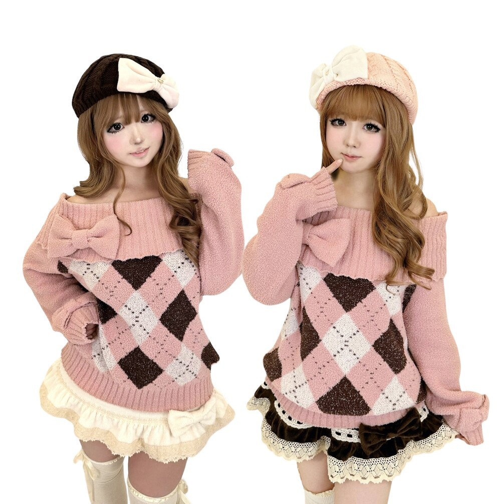 Pink Argyle Off-Shoulder Knit
