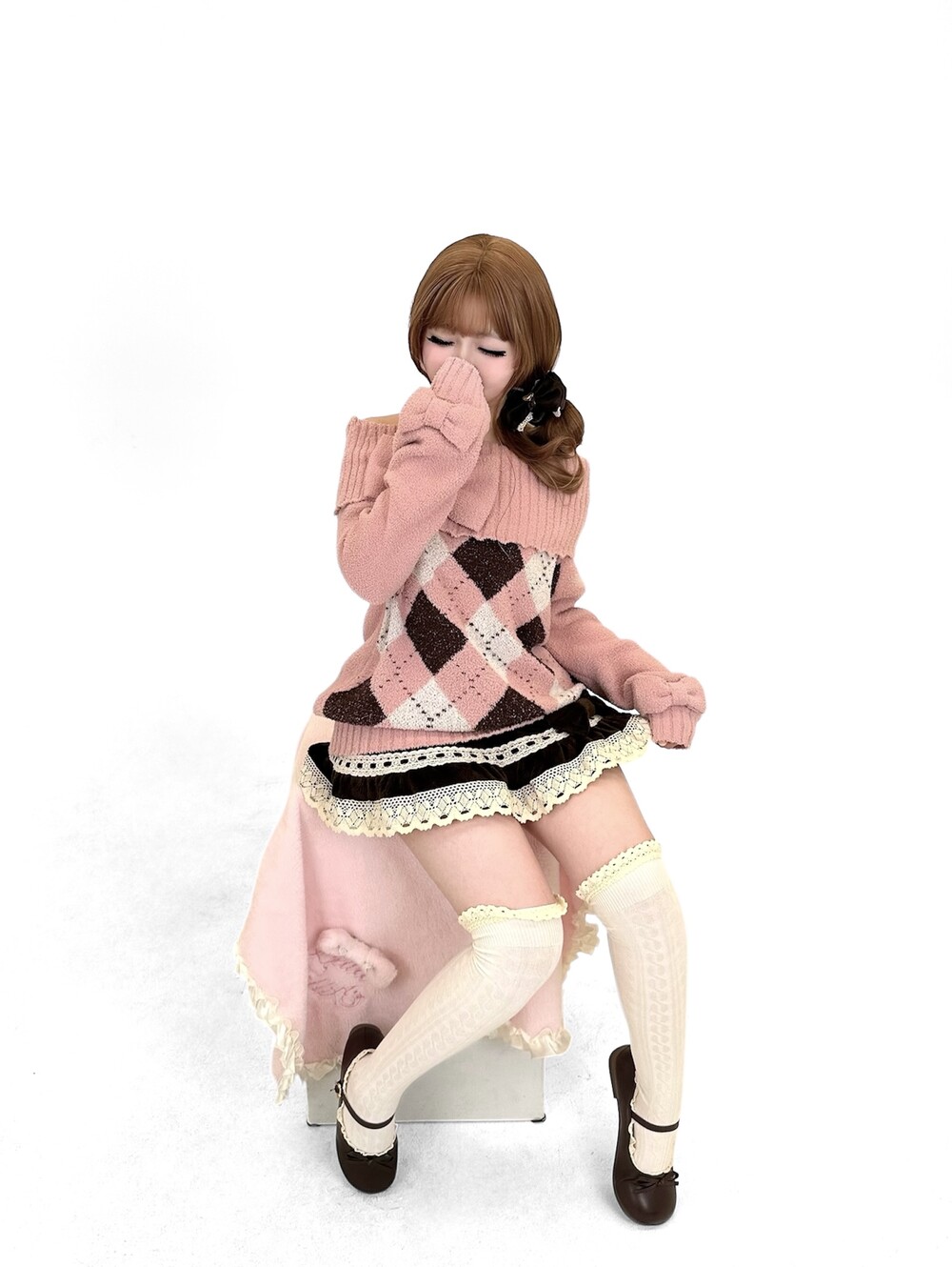 Pink Argyle Off-Shoulder Knit