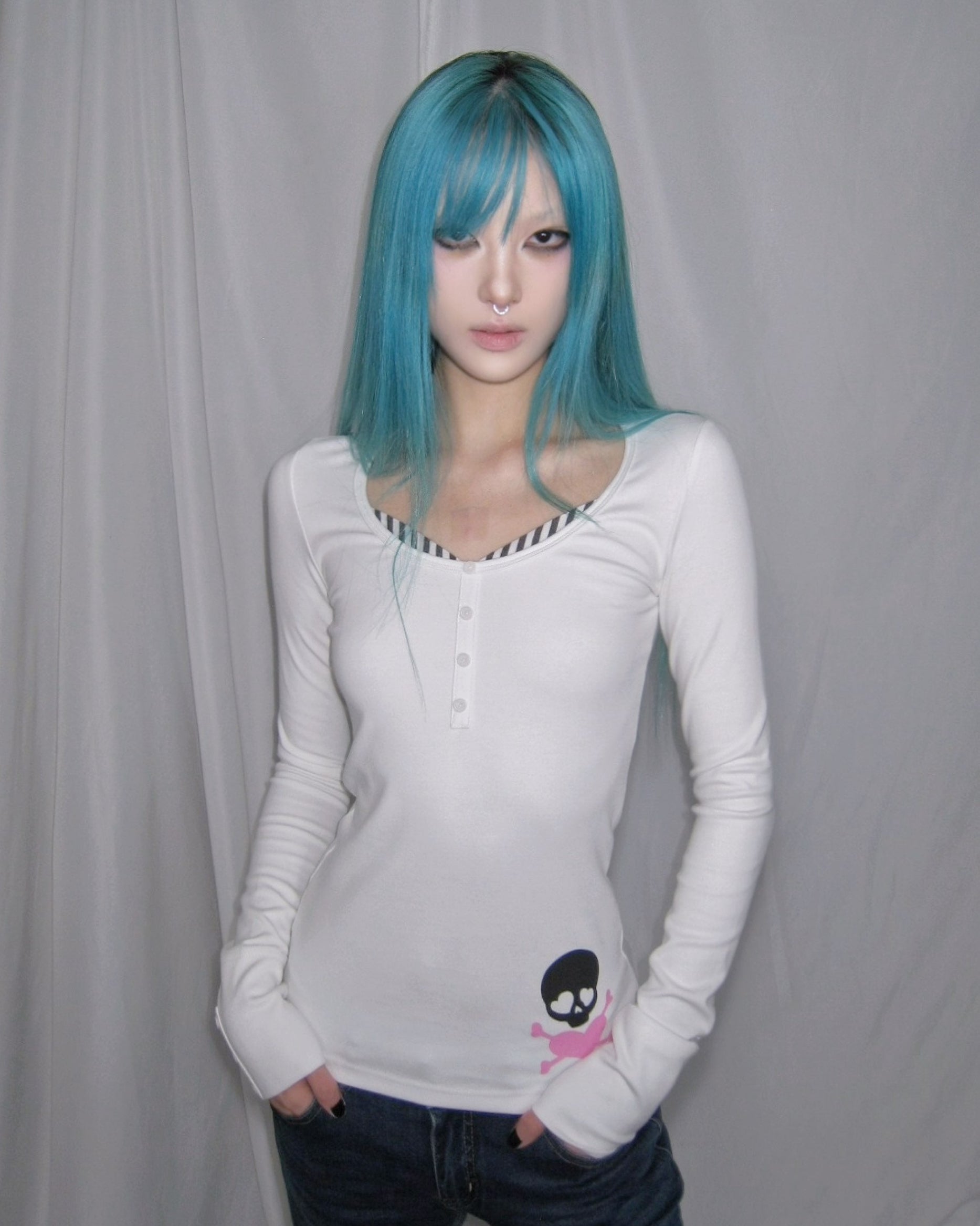 Y2K Skull Print Fake Two-Piece Slim Fit Long Sleeve Henley Top