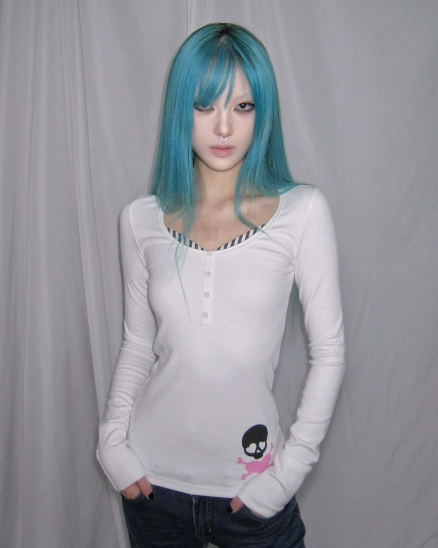 Y2K Skull Print Fake Two-Piece Slim Fit Long Sleeve Henley Top