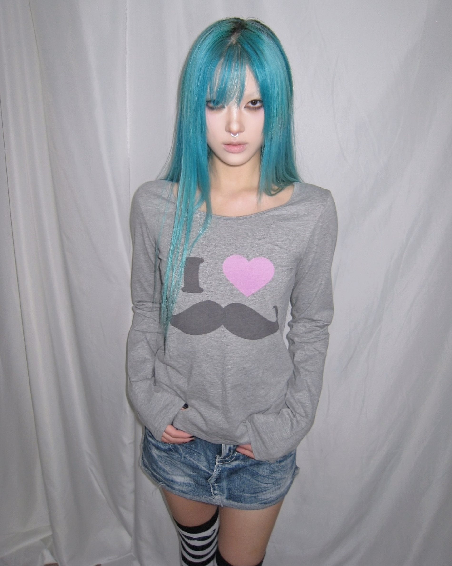 "I Love Mustache" Y2K Cotton Long Sleeve Tee | Grey & White Available