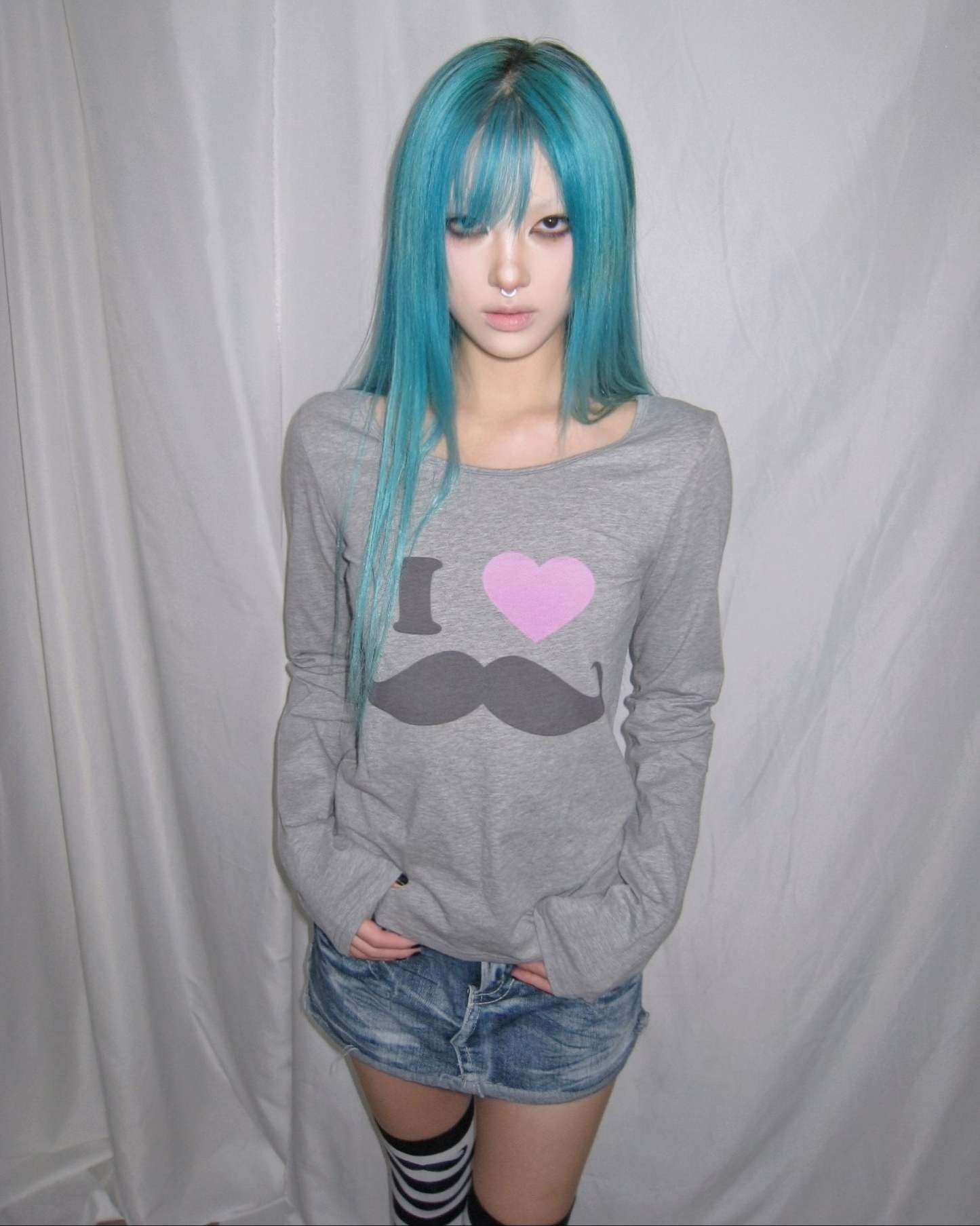 "I Love Mustache" Y2K Cotton Long Sleeve Tee | Grey & White Available