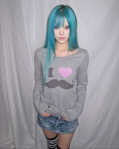 "I Love Mustache" Y2K Cotton Long Sleeve Tee | Grey & White Available