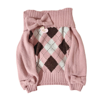 Pink Argyle Off-Shoulder Knit