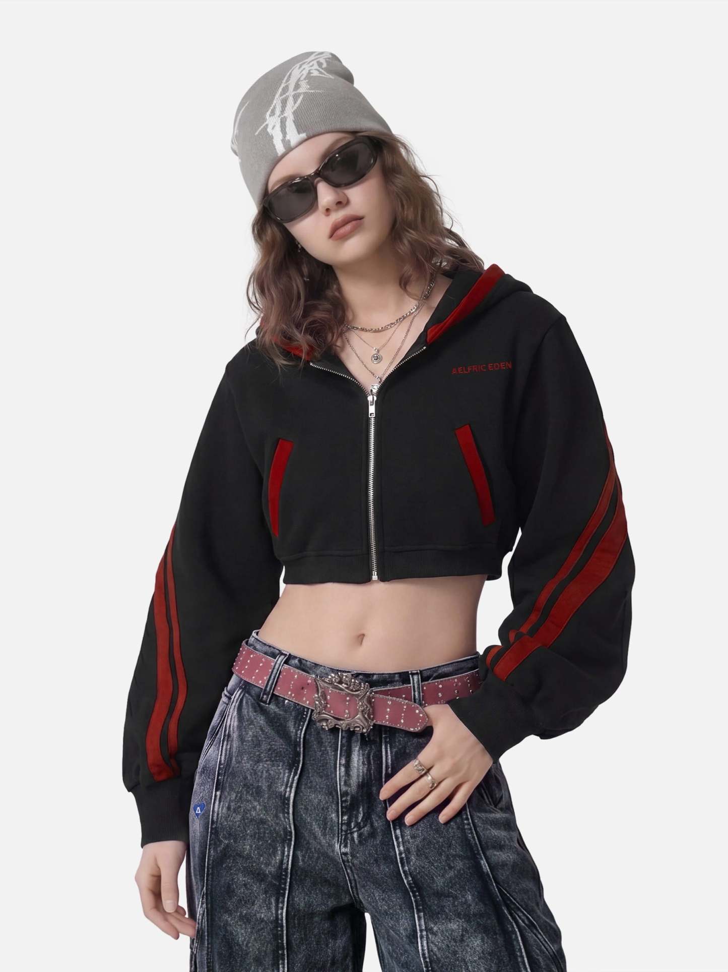 Aelfric Eden Cropped Contrast Stripe Zip Up Hoodie