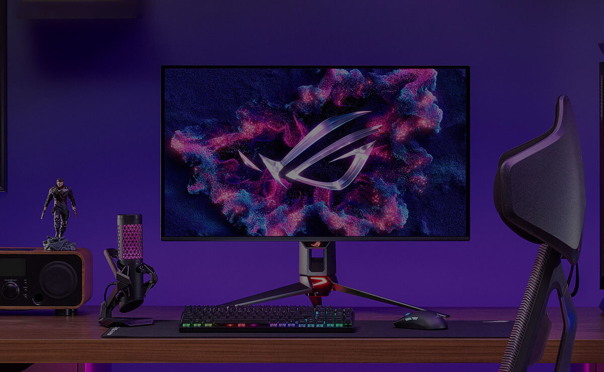 ROG gaming setup with a PC, monitor, keyboard, mouse, and mic. (Opens in new window)
