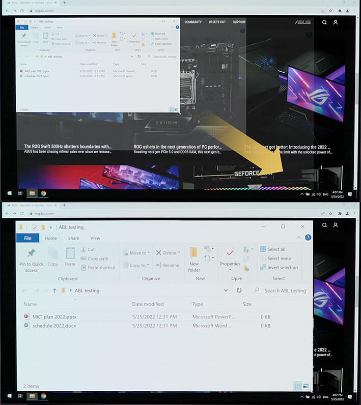 Comparison images showing a white window being enlarged in the first image, with the second image showing no change in display brightness