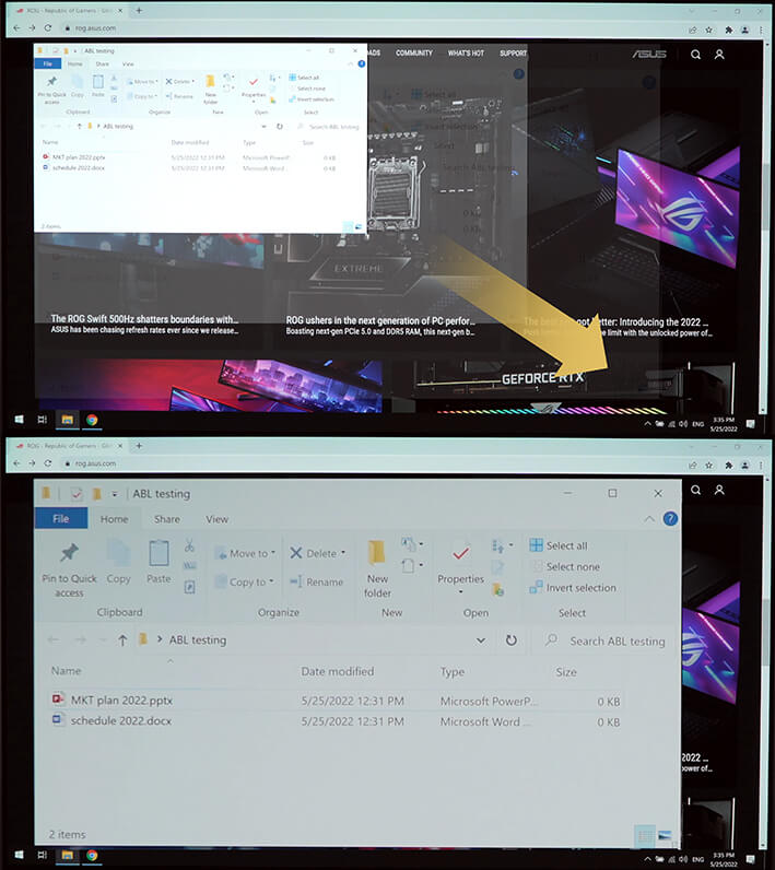 Comparison images showing a white window being enlarged in the first image, with the second image showing a dimmer display.