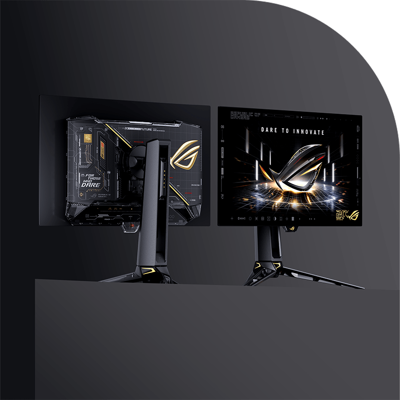 Close-up of two ROG OLED gaming monitors, one displaying a vibrant ROG logo against a cosmic background, and the other showcasing its transparent back panel with visible internal components and the ROG logo