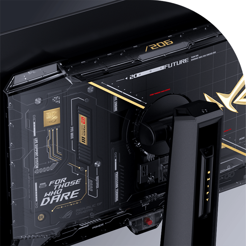 A close-up shot of the back of a high-tech ROG OLED gaming monitor with a transparent casing, revealing intricate internal components and design elements.