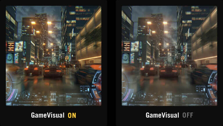 Screenshot of a racing game with a vibrant city backdrop / Screenshot of a racing game, showing a dull city backdrop
