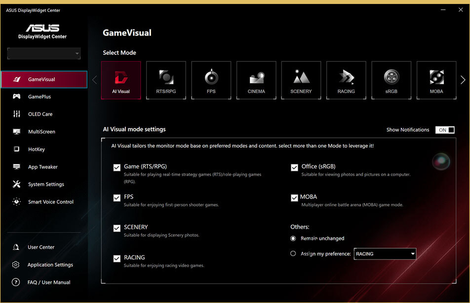 Screenshot of the new ASUS DisplayWidget Center UI showing system settings, OLED functions, and more.