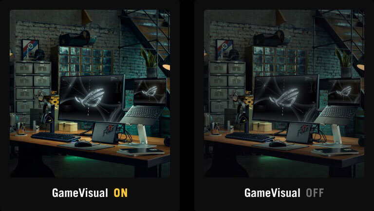 A vibrant rendering of a room with an ROG gaming setup in the foreground /  Identical rendering of the room with an ROG gaming setup in the foreground, with less vivid colors