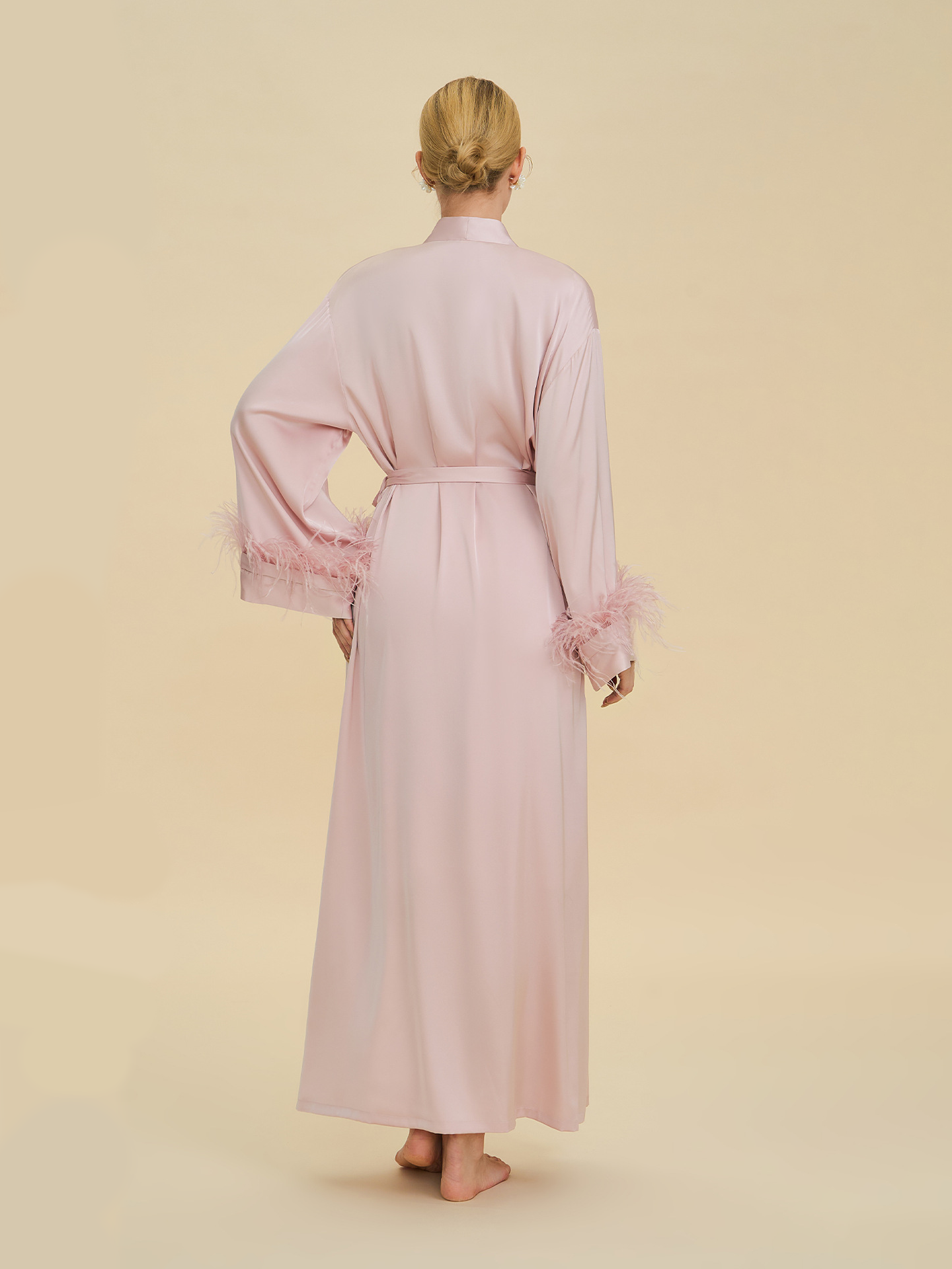 Millie Feather Satin Robe In Pink