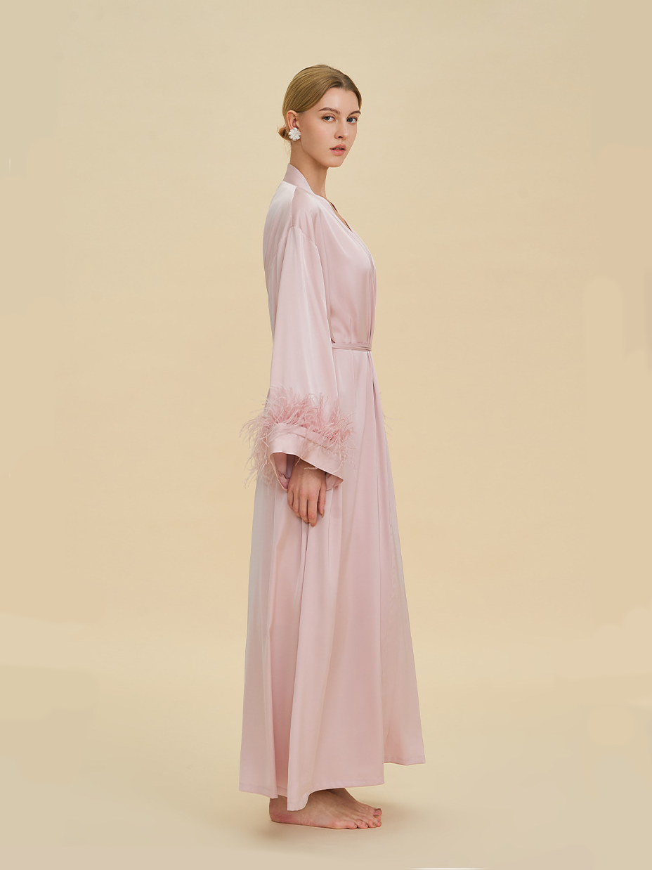 Millie Feather Satin Robe In Pink