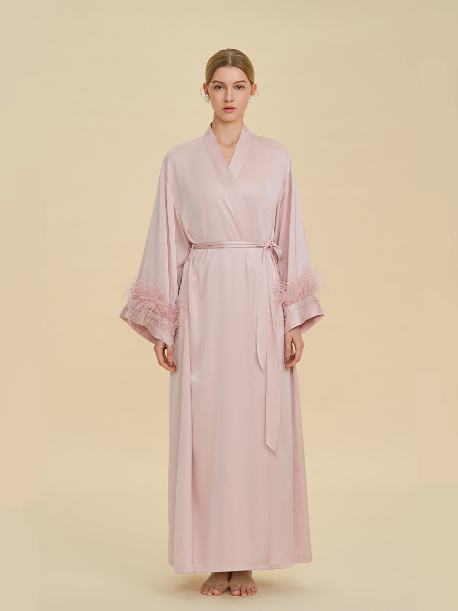 Millie Feather Satin Robe In Pink