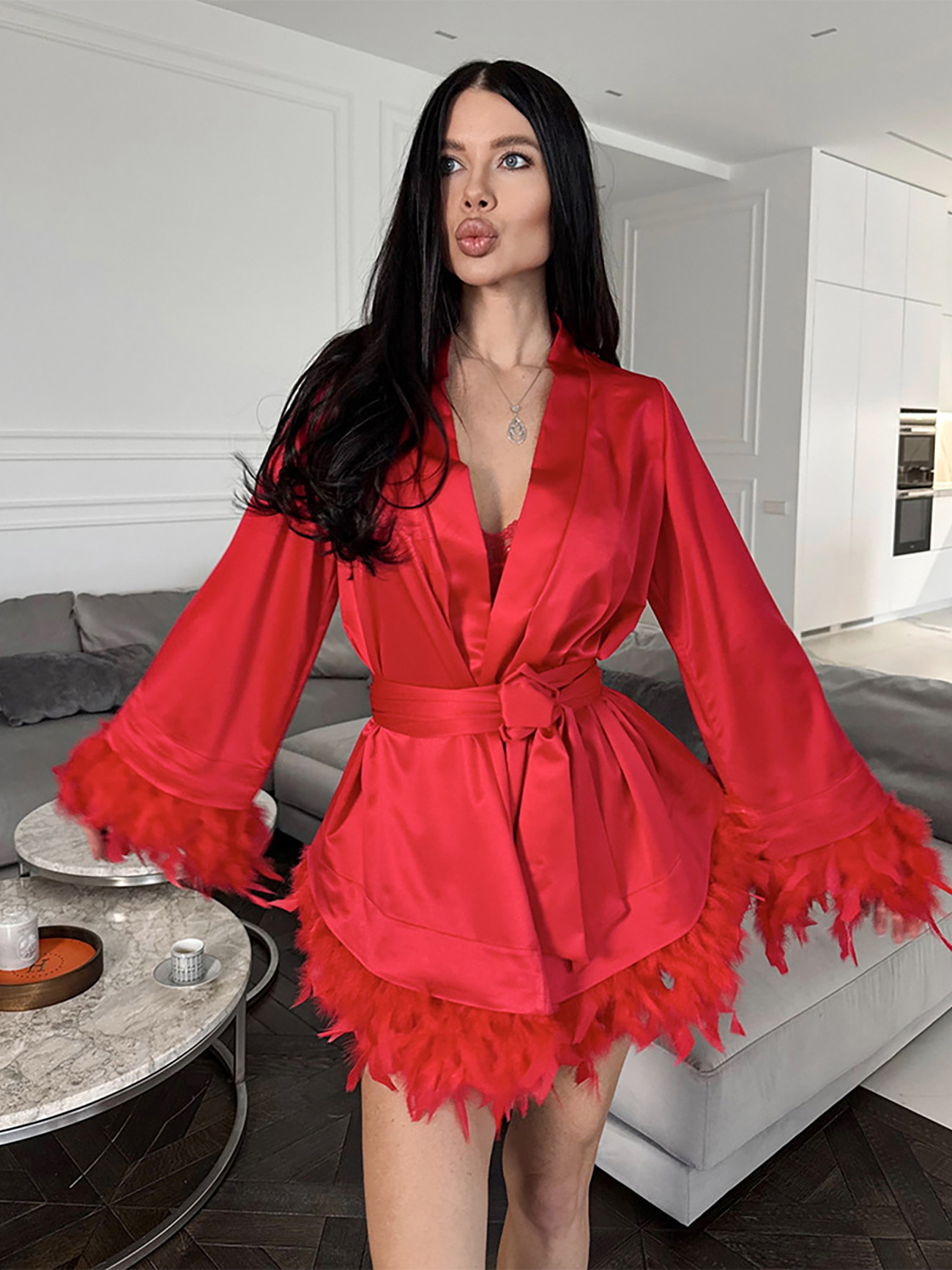 Olivia Feather Robe In Red