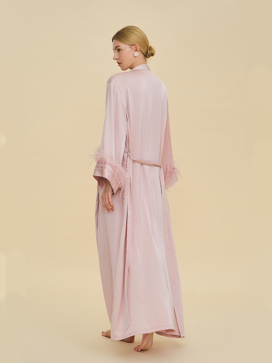 Millie Feather Satin Robe In Pink