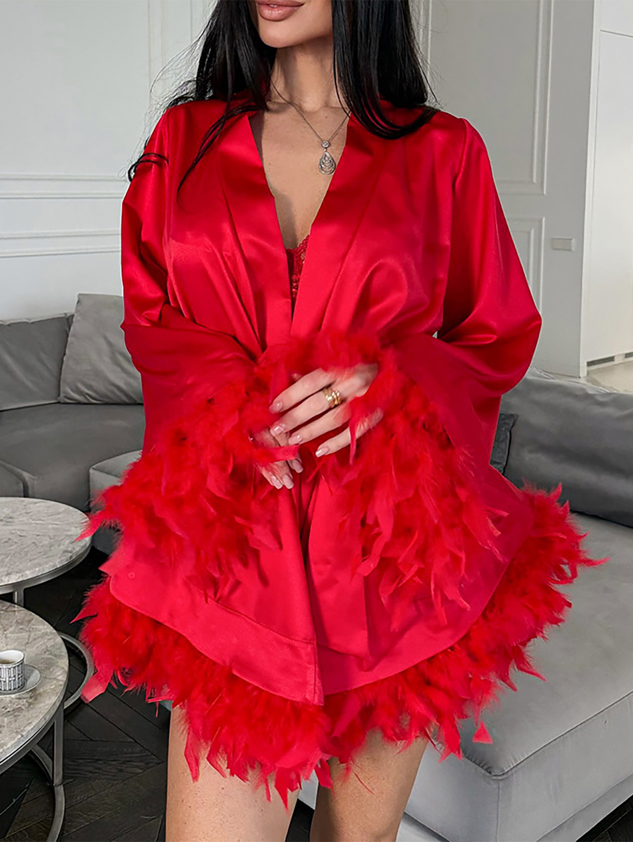 Olivia Feather Robe In Red