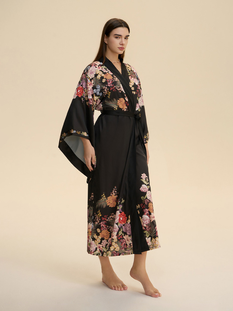 Allison Floral Print Kimono Robe In Black