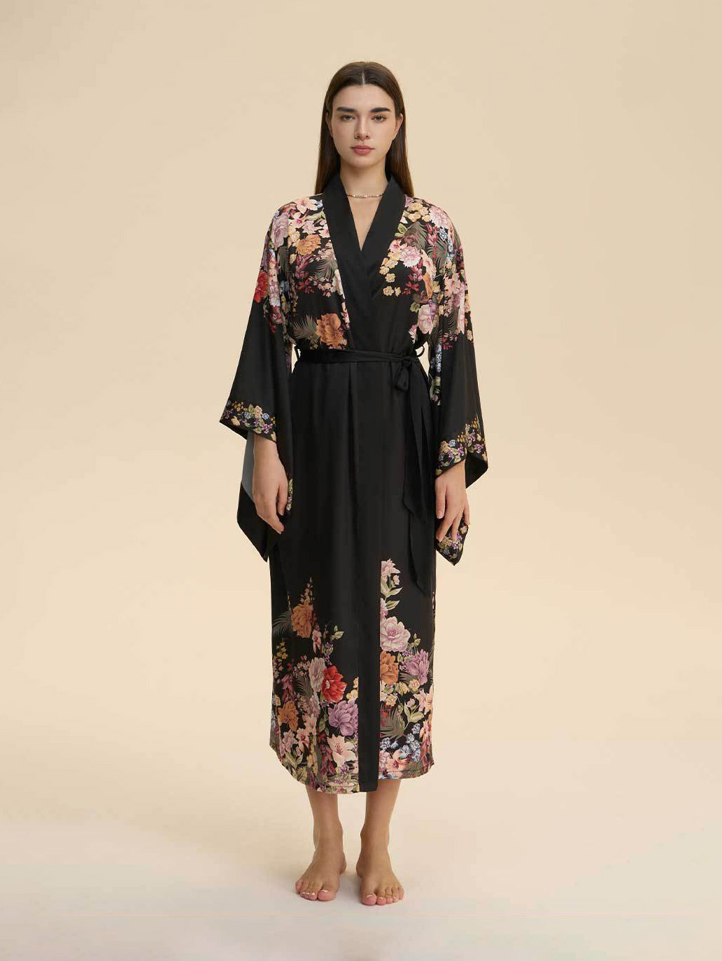 Allison Floral Print Kimono Robe In Black