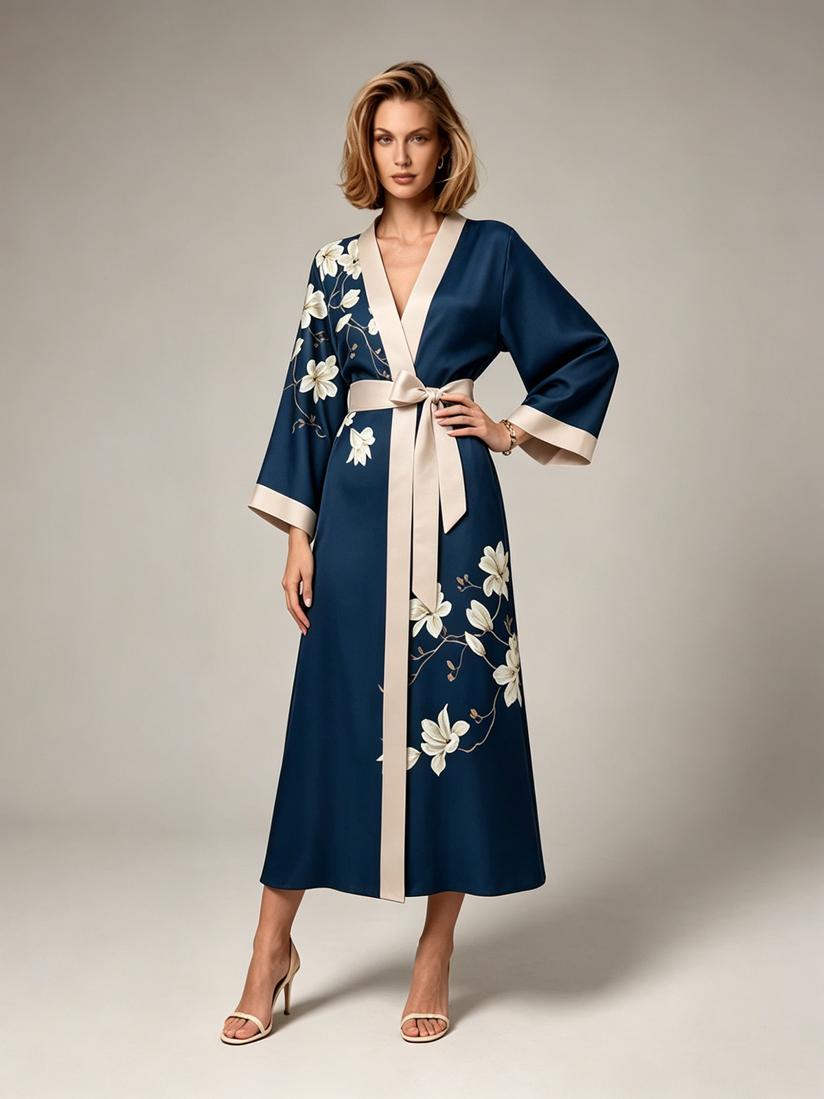 Allison Floral Print Kimono Robe In Blue