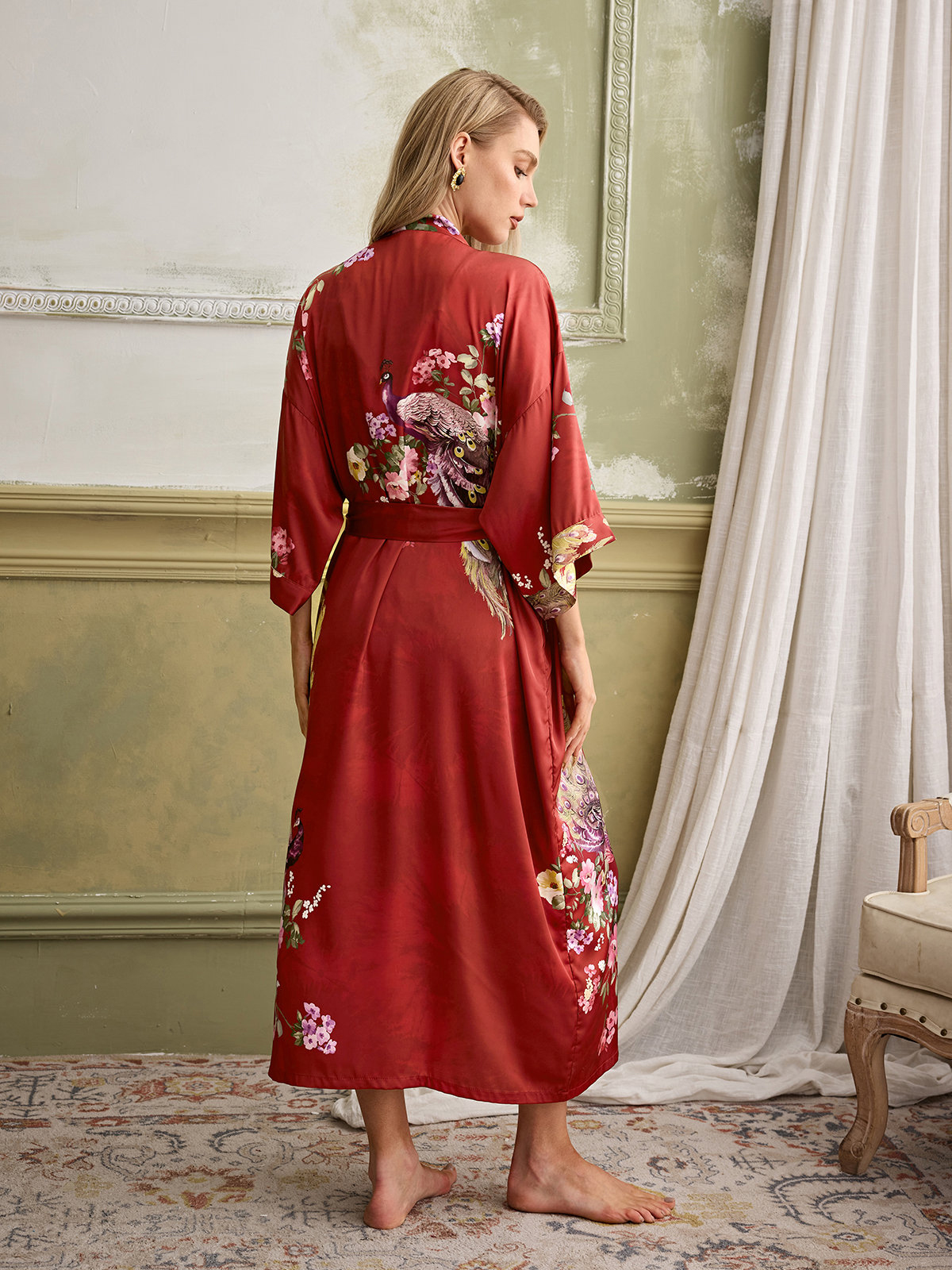 Allison Floral Print Kimono Robe In Red