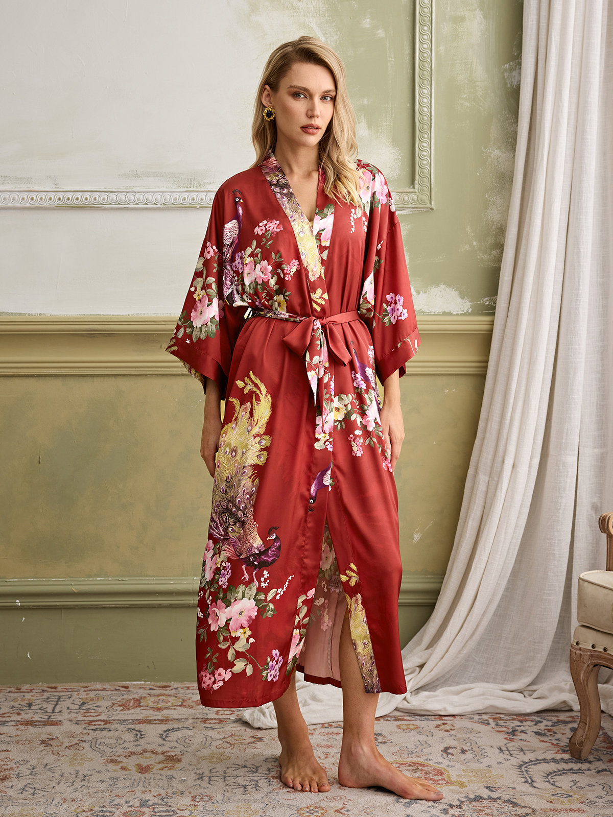 Allison Floral Print Kimono Robe In Red