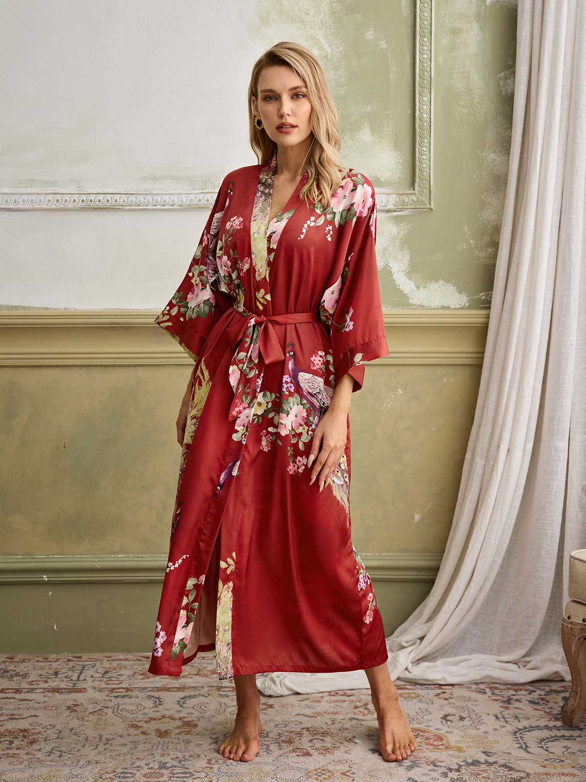 Allison Floral Print Kimono Robe In Red