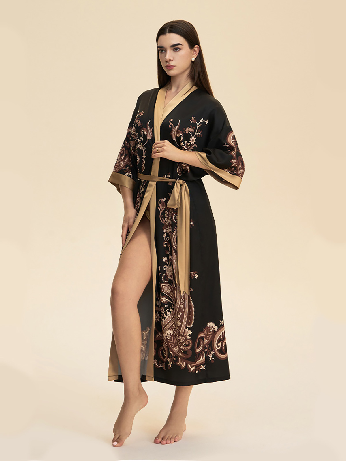 Athena Floral Print Robe In Black