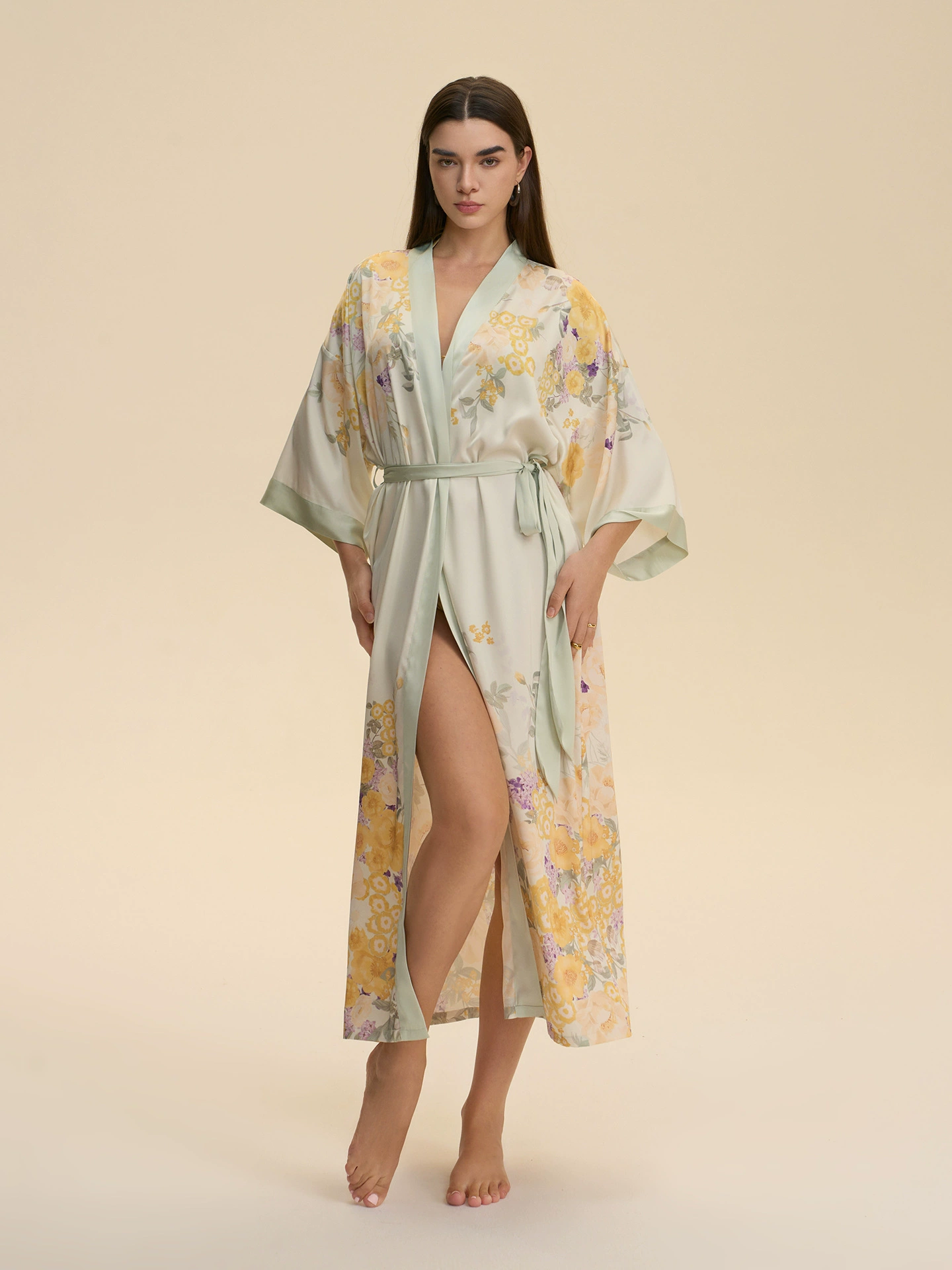Athena Floral Print Robe In Green