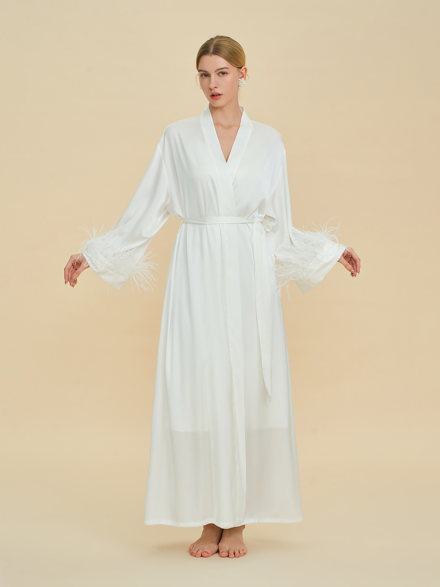 Millie Feather Satin Robe In White