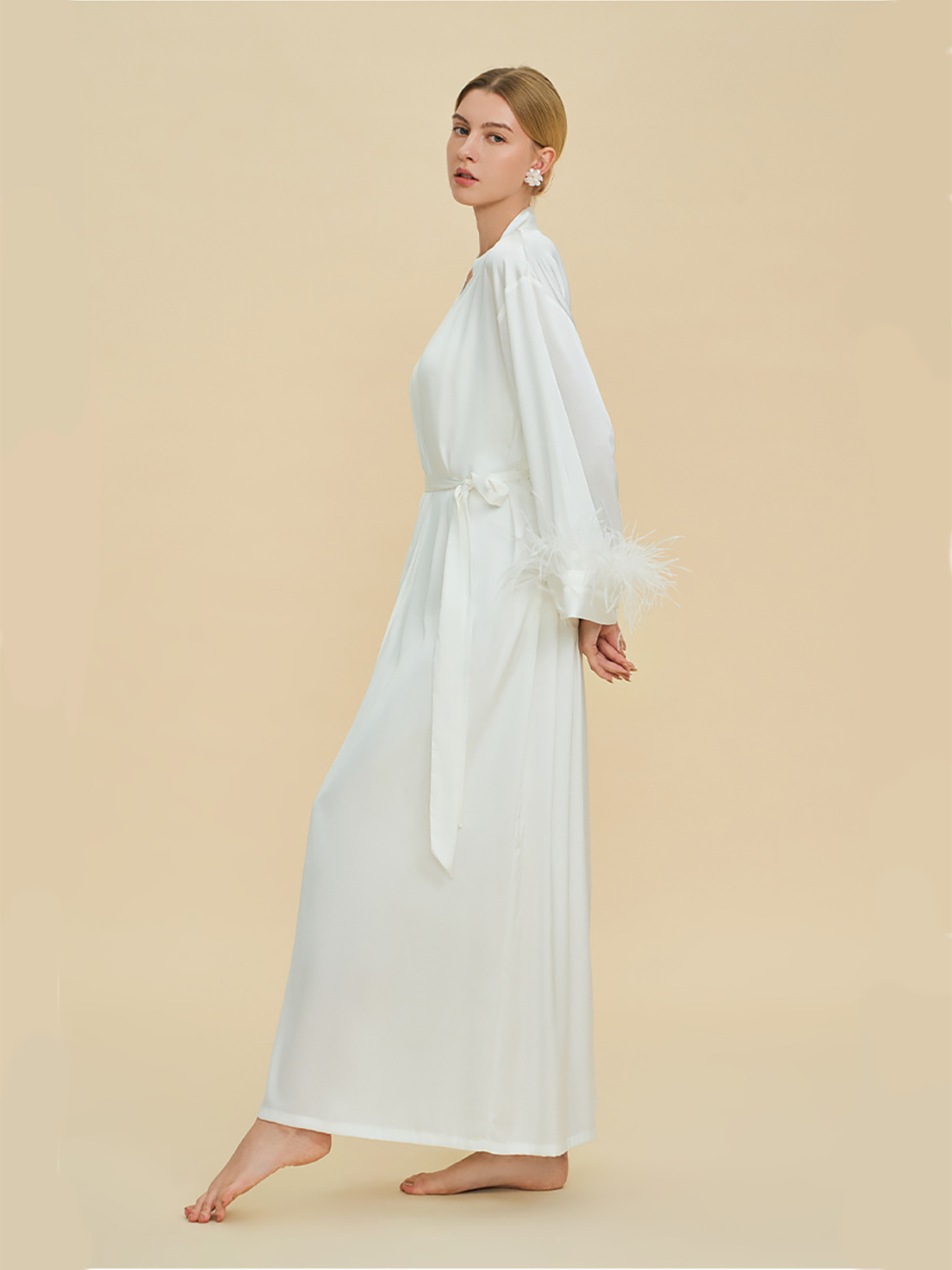 Millie Feather Satin Robe In White