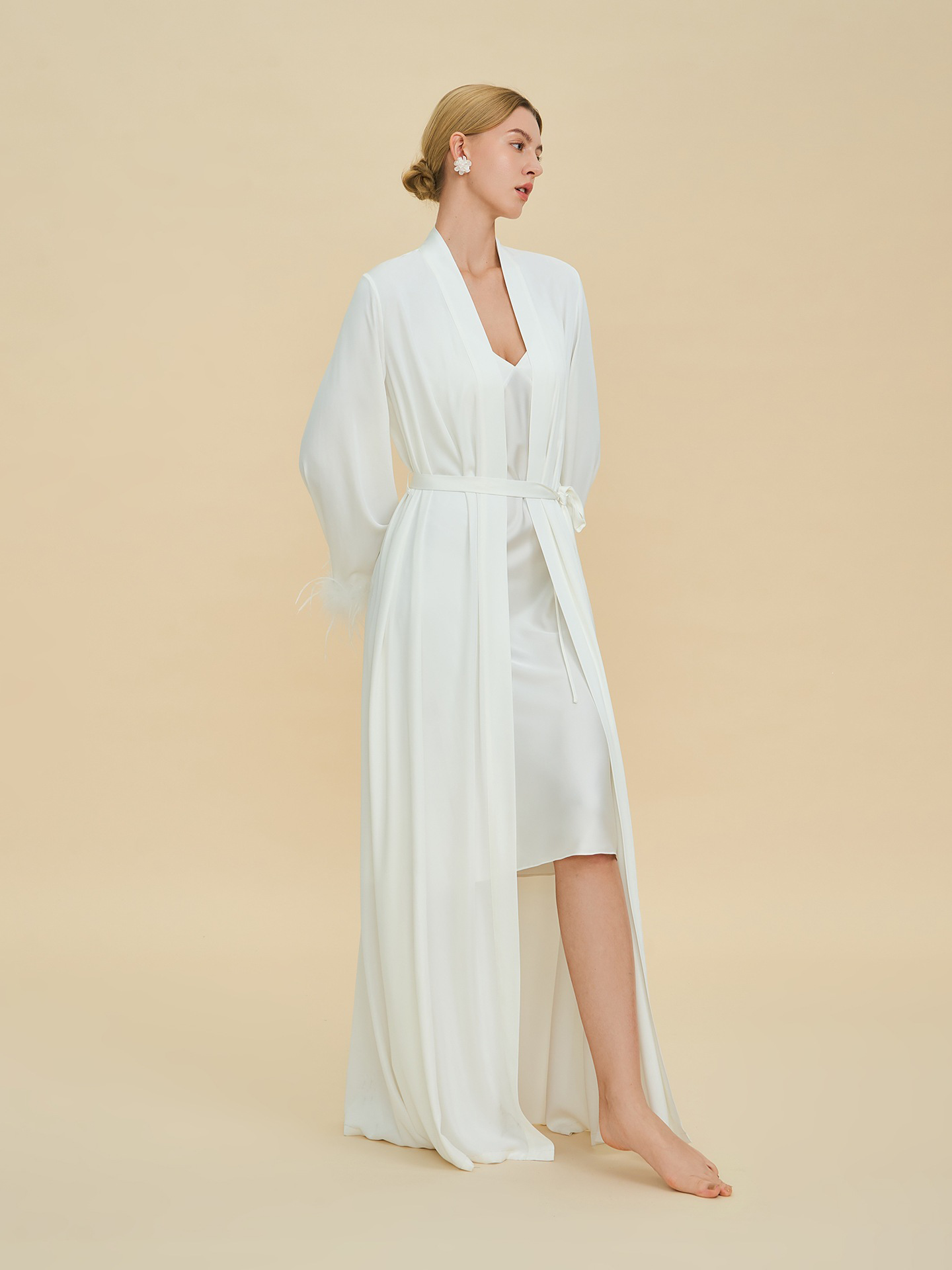 Millie Feather Satin Robe In White