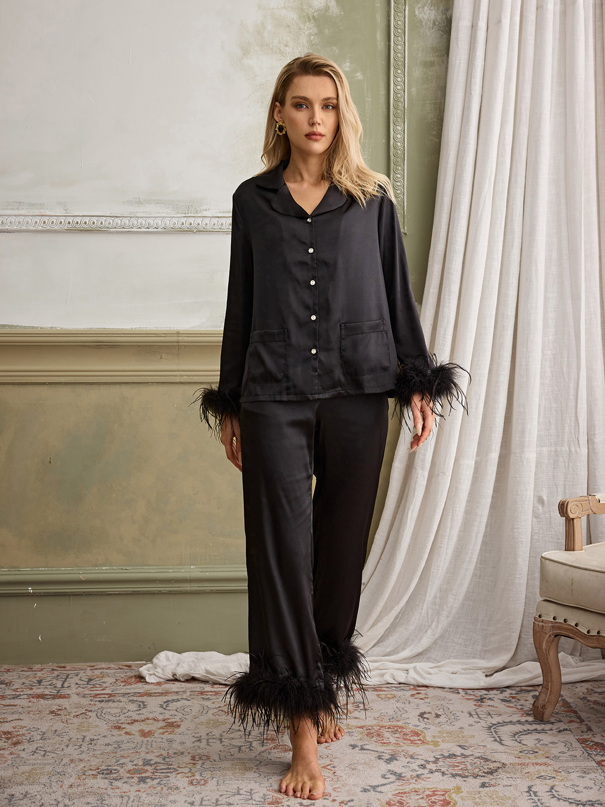 Noelle Feather Pants Set In Black