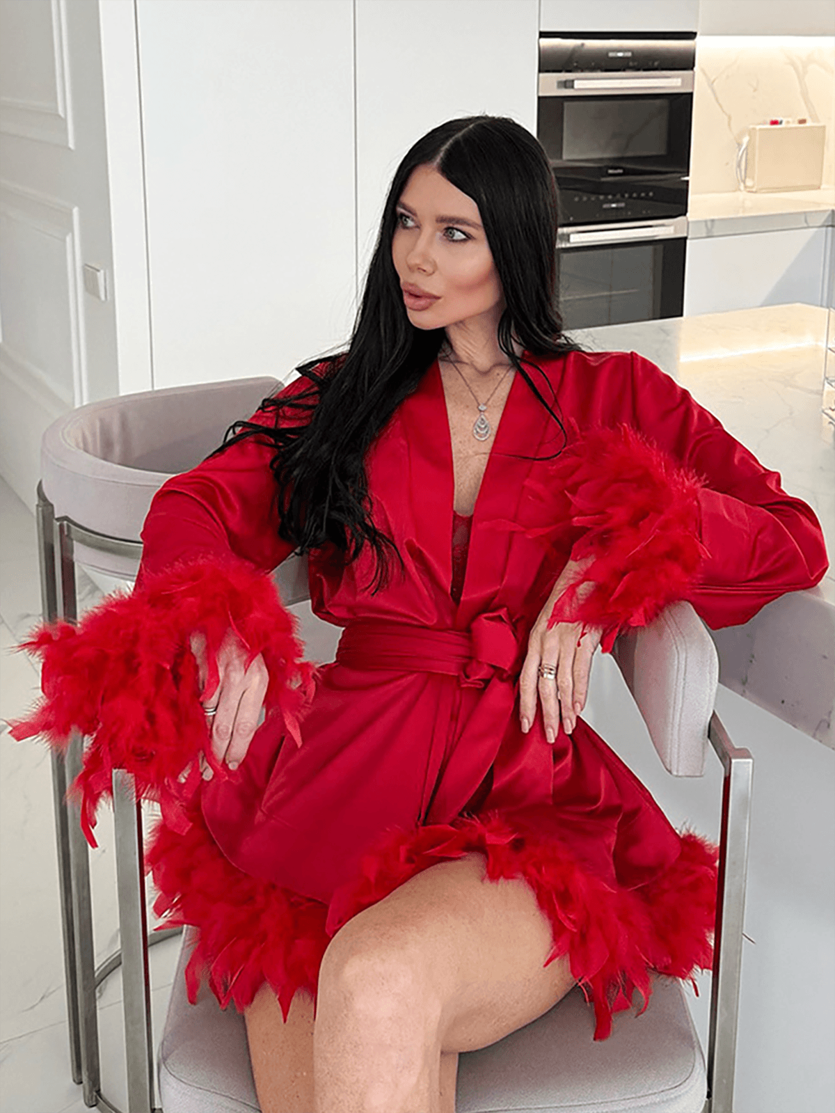 Olivia Feather Robe In Red
