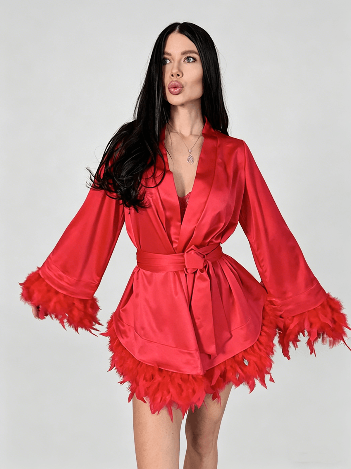 Olivia Feather Robe In Red