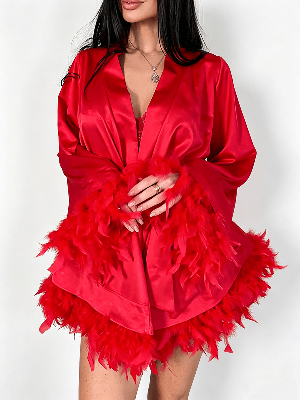 Olivia Feather Robe In Red