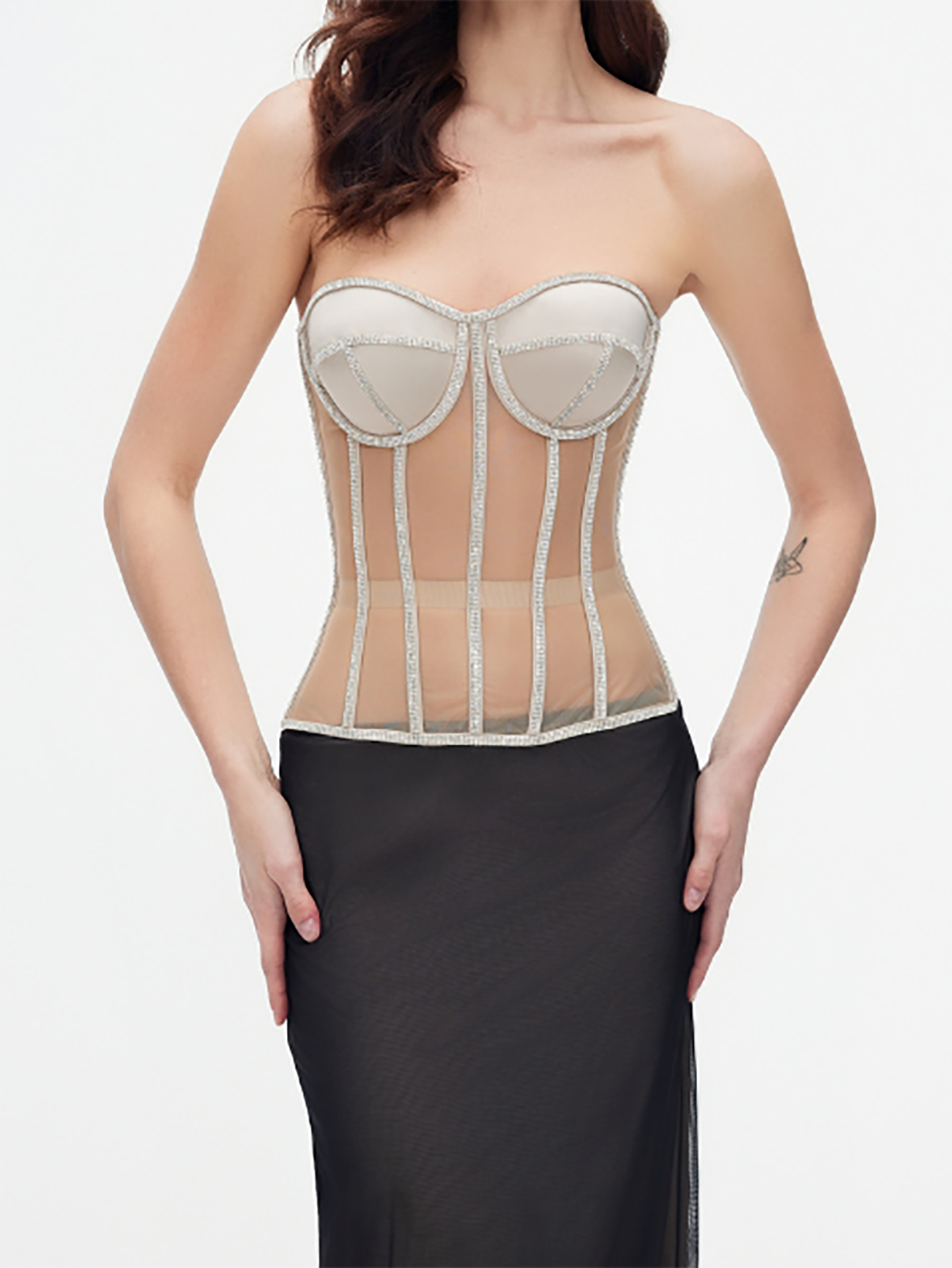 Paisley Rhinestone Satin Corset In Beige